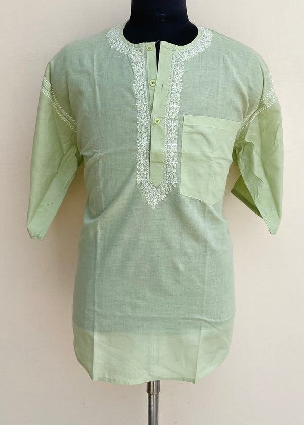 Lucknowi Chikankari Men’s Half Sleeves Short Kurta Green Cotton With Pocket