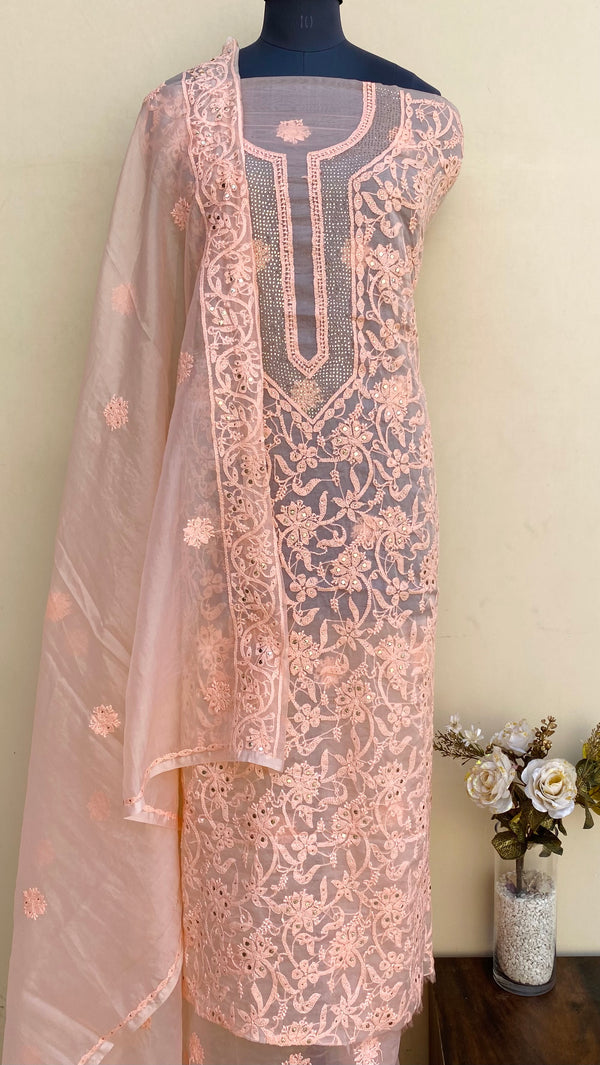 Lucknowi Chikankari Suit Length 2 Piece Peach Organza With Mukaish Work