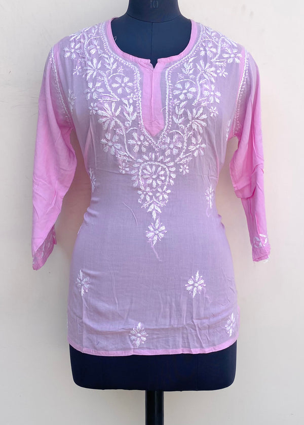 Lucknowi Chikankari Short Kurti Pink Muslin Cotton