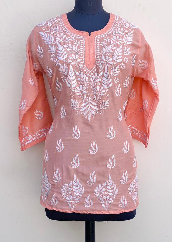 Lucknowi Chikankari Short Kurti Peach Muslin Cotton