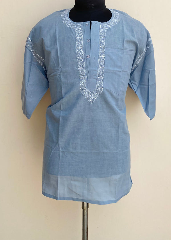 Lucknowi Chikankari Men’s Half Sleeves Short Kurta Gray Cotton With Pocket