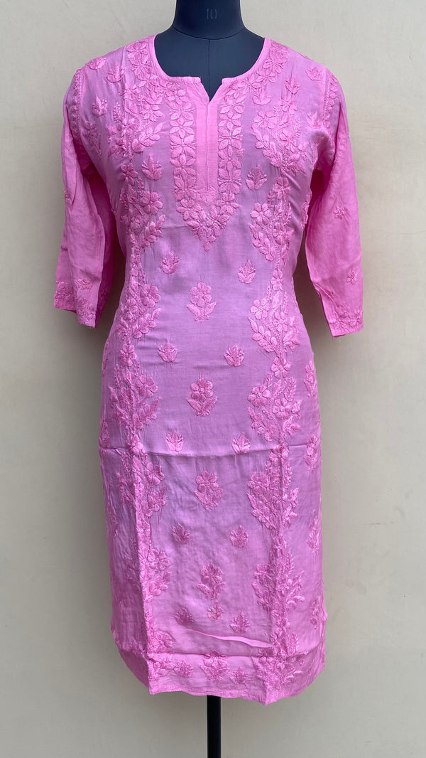 Lucknowi Chikankari Kurti Pink Muslin Cotton With Self 3D Work