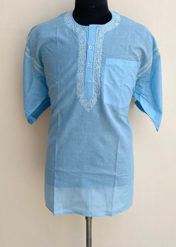 Lucknowi Chikankari Men’s Half Sleeves Short Kurta Blue Cotton With Pocket