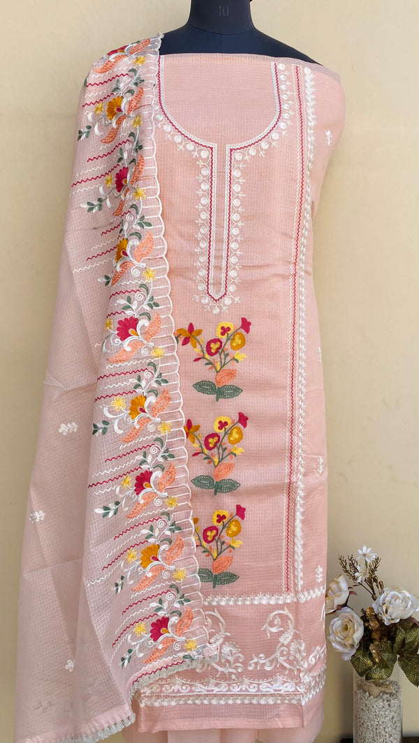 Designer Embroidered Suit Length 3 Piece Peach Kota