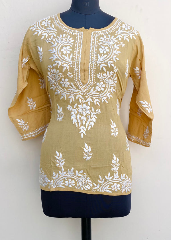 Lucknowi Chikankari Short Kurti Beige Modal Cotton