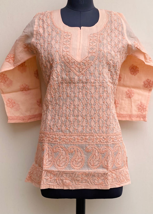 Lucknowi Chikankari Short Kurti Peach Cotton