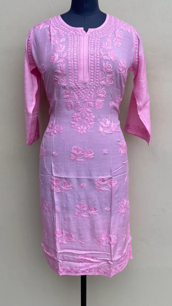 Lucknowi Chikankari Kurti Pink Muslin Cotton With Self 3D Work