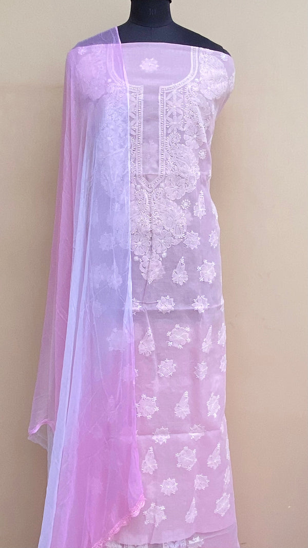 Lucknowi Chikankari Suit Length 3 Piece Pink  Cotton