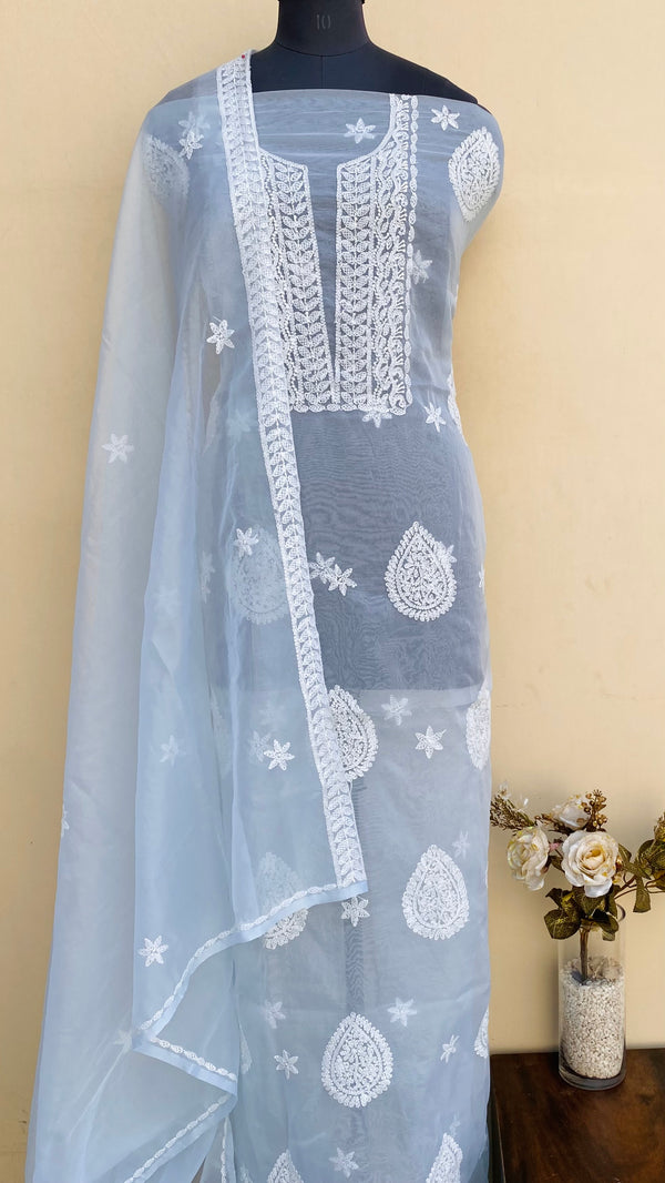 Lucknowi Chikankari Suit Length 2 Piece Powder Blue Organza