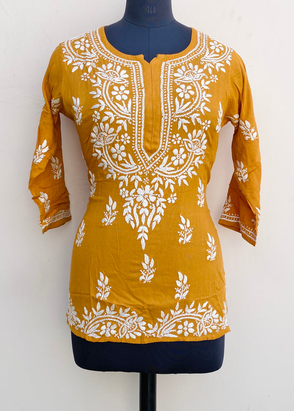 Lucknowi Chikankari Short Kurti Mustard Modal Cotton