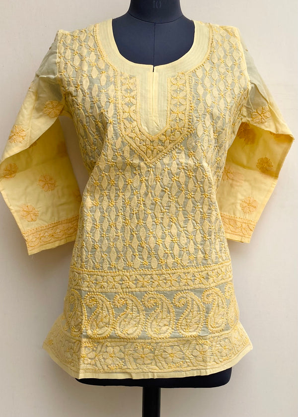 Lucknowi Chikankari Short Kurti Yellow Cotton