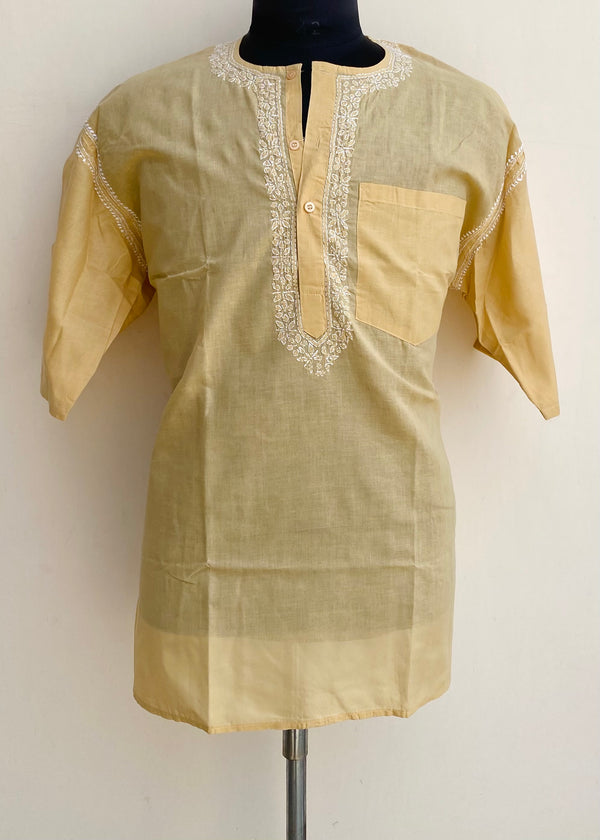 Lucknowi Chikankari Men’s Half Sleeves Short Kurta Beige Cotton With Pocket