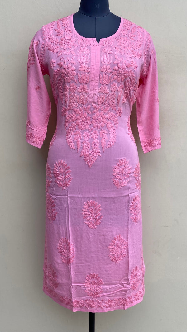 Lucknowi Chikankari Kurti Pink Muslin Cotton With Self 3D Work