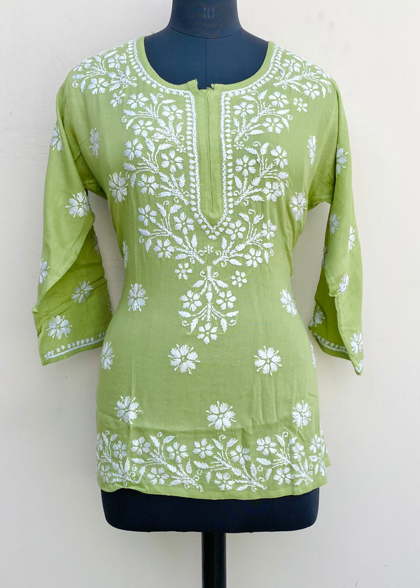 Lucknowi Chikankari Short Kurti Green Modal Cotton