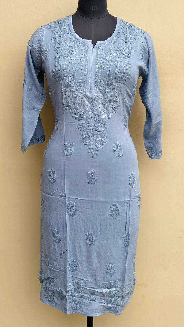 Lucknowi Chikankari Kurti Gray Muslin Cotton With Self 3D Work