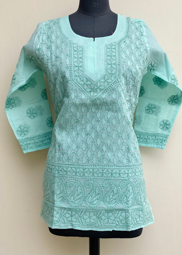Lucknowi Chikankari Short Kurti Sea Green Cotton