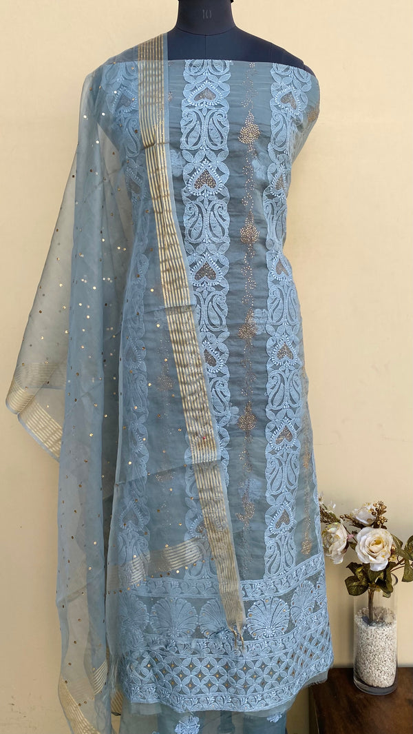 Lucknowi Chikankari Suit Length 2 Piece Gray Organza With Mukaish Work