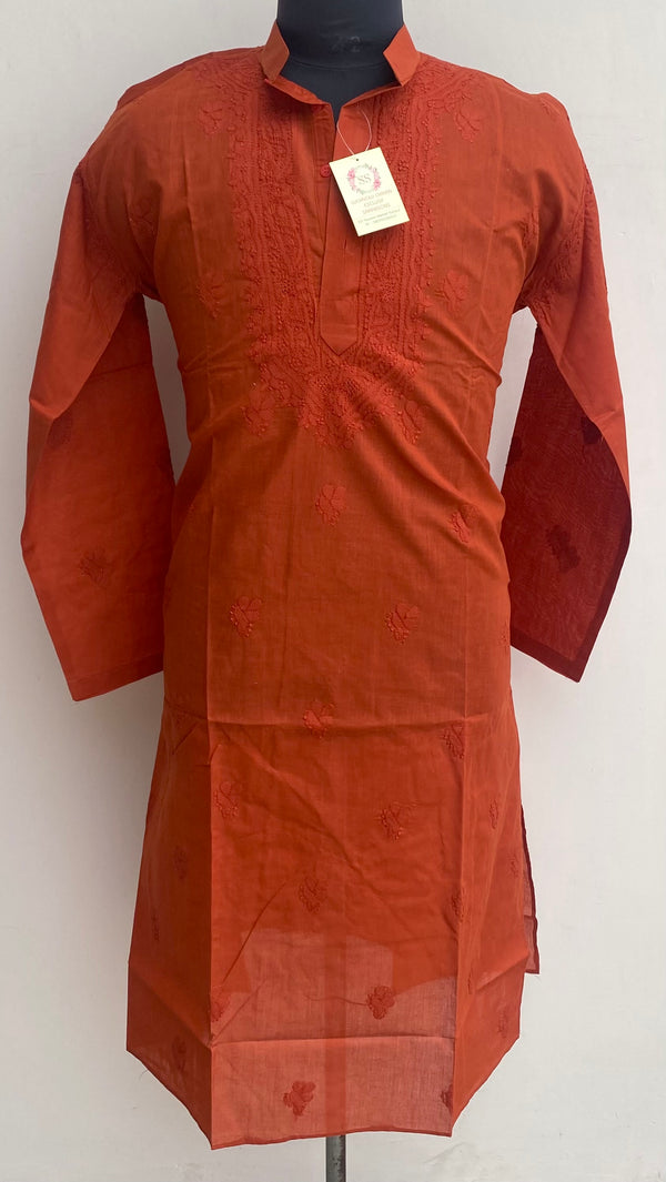 Lucknowi Chikankari Men’s Kurta Rust Cotton With Jaali Work