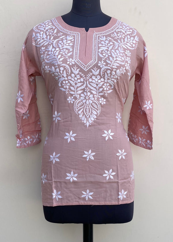 Lucknowi Chikankari Short Kurti Pink Modal Cotton