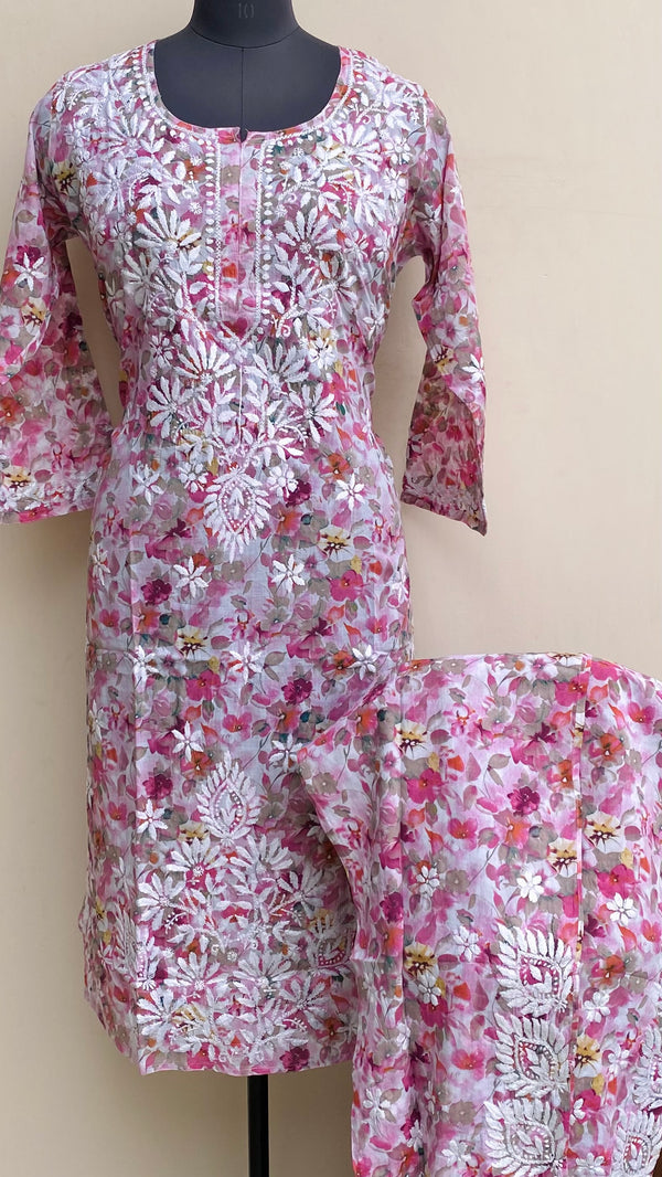 Lucknowi Chikankari Printed Co-ord Set Pink Mulmul Cotton