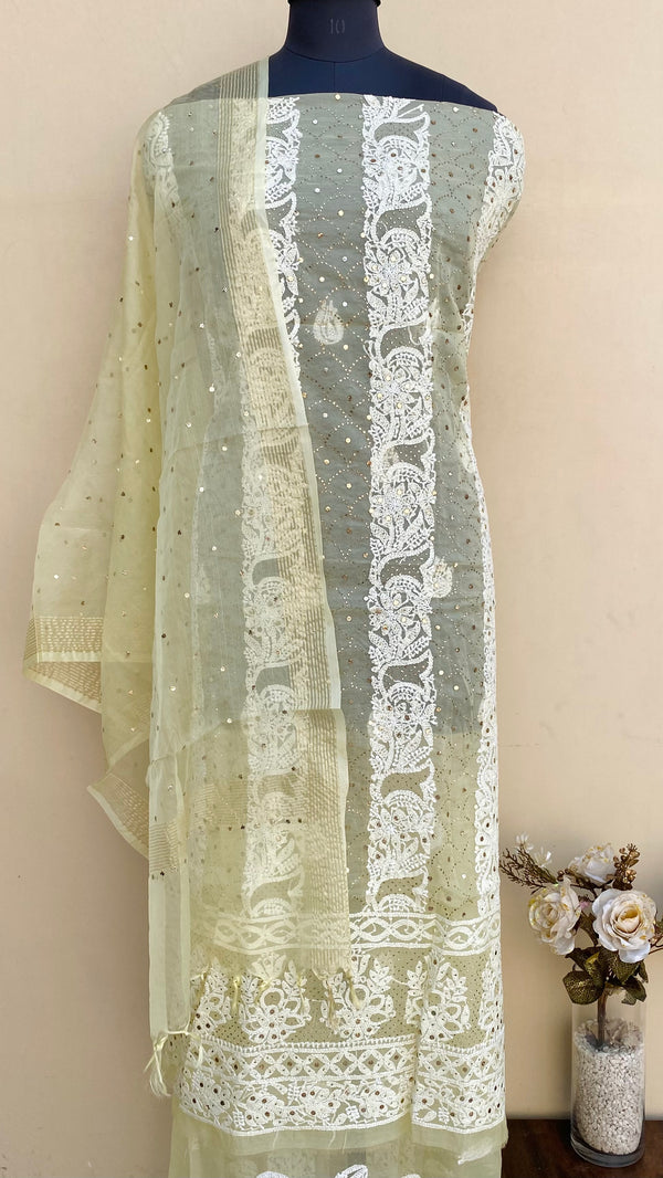 Lucknowi Chikankari Suit Length 2 Piece Lemon Yellow Organza With Mukaish Work