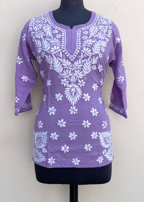 Lucknowi Chikankari Short Kurti Purple Modal Cotton