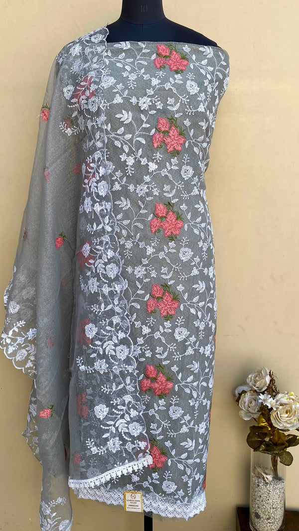 Designer Embroidered Suit Length 3 Piece Gray Kota