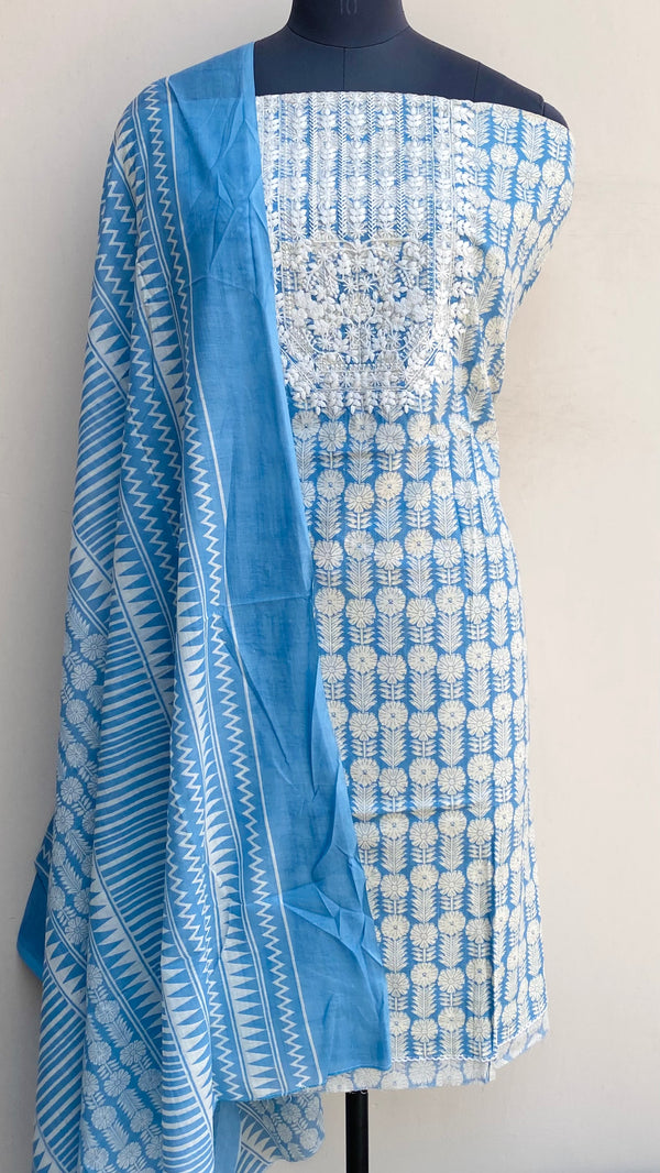 Designer Embroidered Suit Length 3 Piece Blue Mal Cotton