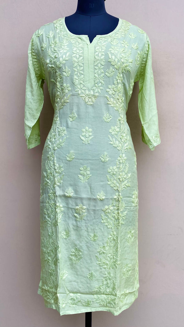 Lucknowi Chikankari Kurti Pista Green Muslin Cotton With Self 3D Work