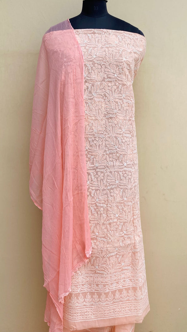 Lucknowi Chikankari Suit Length 3 Piece Peach  Cotton