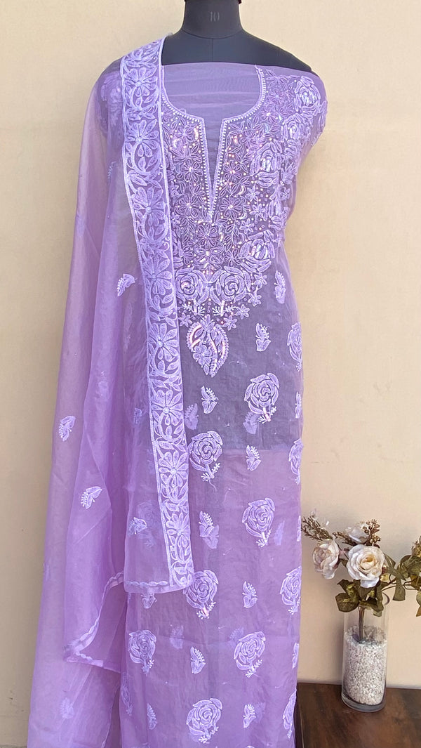 Lucknowi Chikankari Suit Length 2 Piece Purple Organza With Pearl & Sequence Work