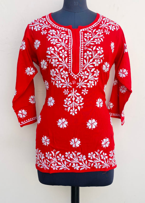 Lucknowi Chikankari Short Kurti Red Modal Cotton
