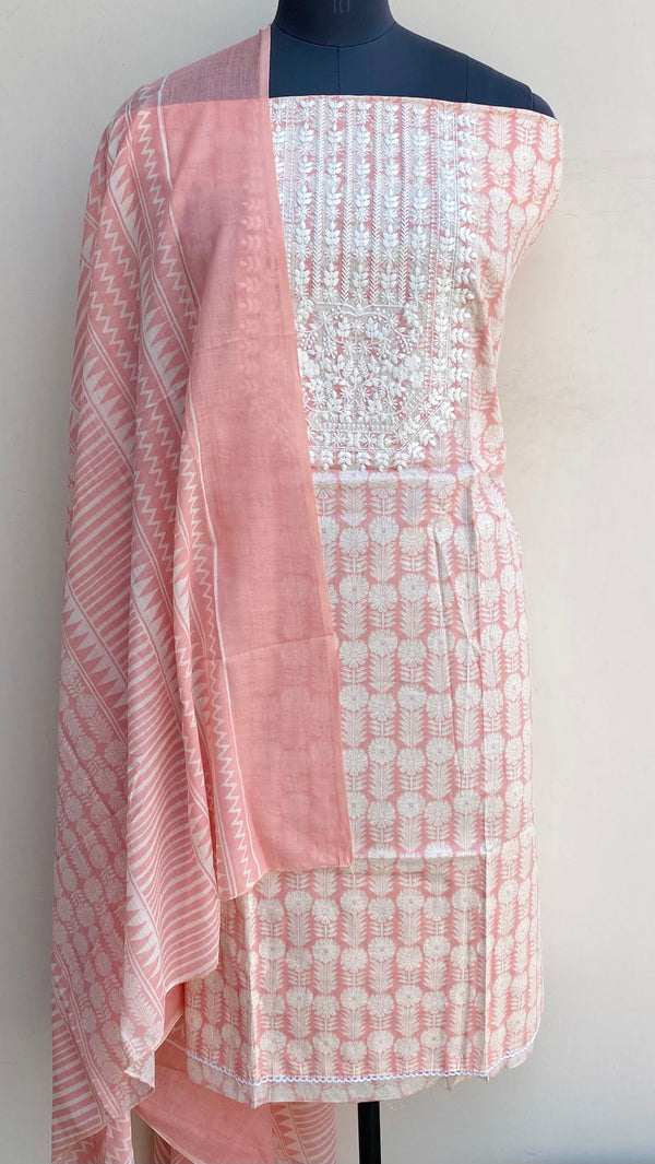 Designer Embroidered Suit Length 3 Piece Peach Mal Cotton