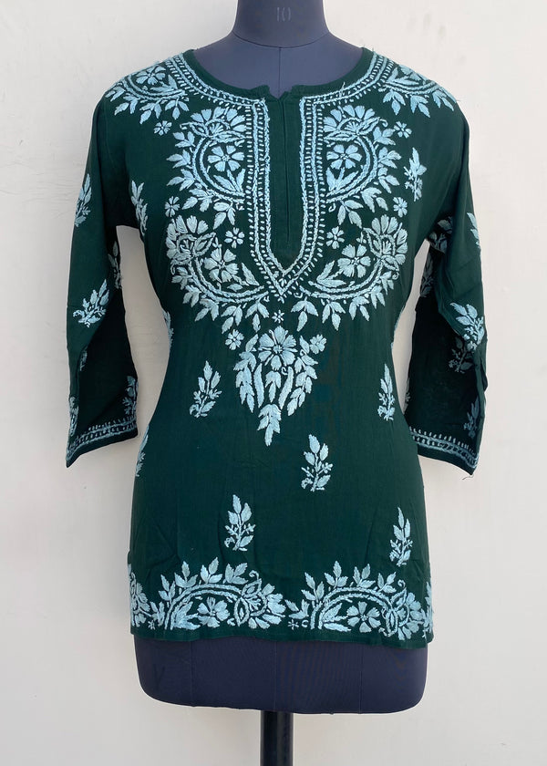 Lucknowi Chikankari Short Kurti Bottle Green Modal Cotton