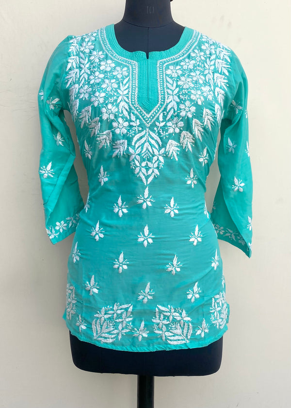 Lucknowi Chikankari Short Kurti Sea Green Muslin Cotton