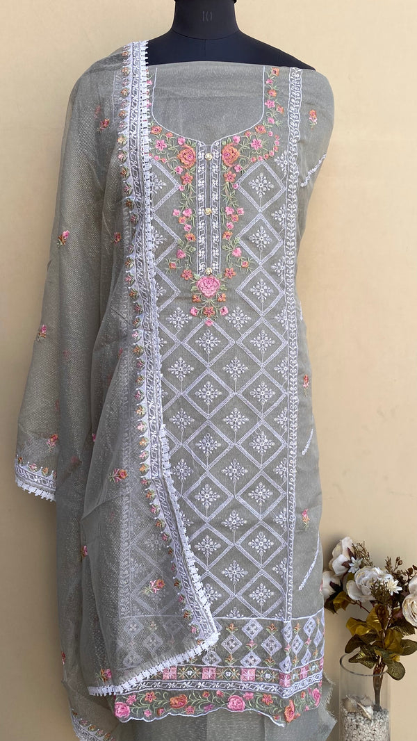 Designer Embroidered Suit Length 3 Piece Gray Kota