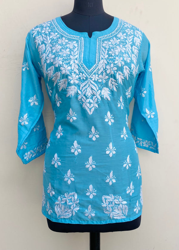 Lucknowi Chikankari Short Kurti Blue Muslin Cotton