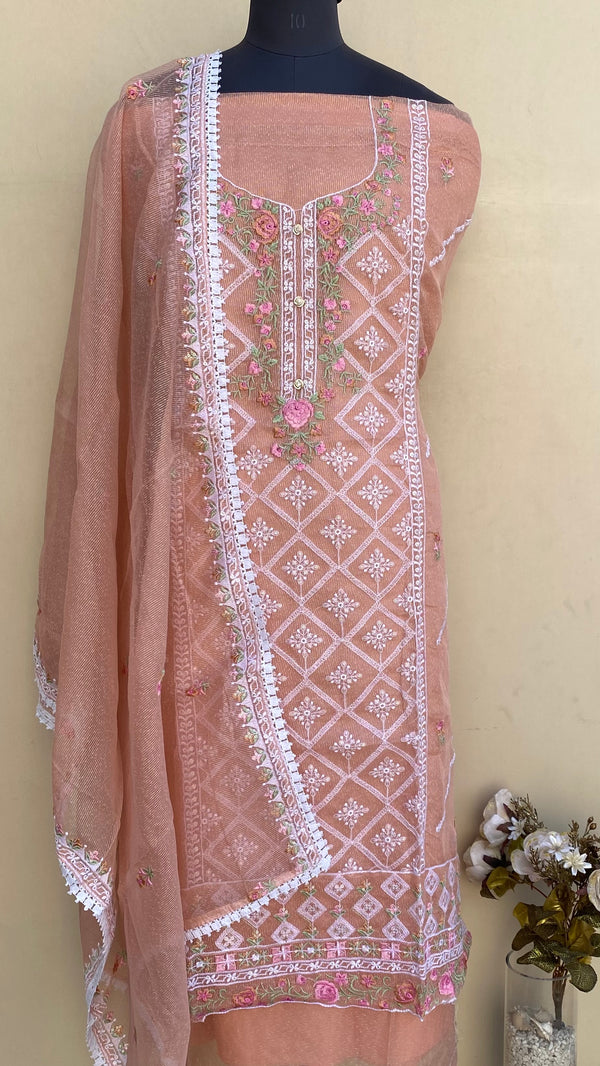 Designer Embroidered Suit Length 3 Piece Peach Kota