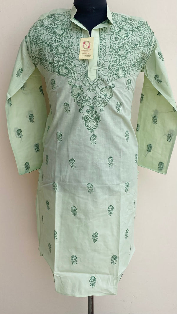 Lucknowi Chikankari Men’s Kurta Green Cotton With Jaali Work
