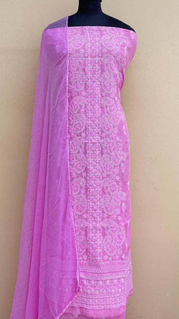 Lucknowi ChikanKari Suit Length 3 Piece Pink Mulmul Cotton