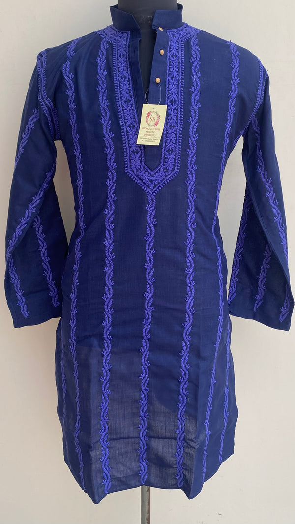 Lucknowi Chikankari Men’s Kurta Navy Blue Cotton