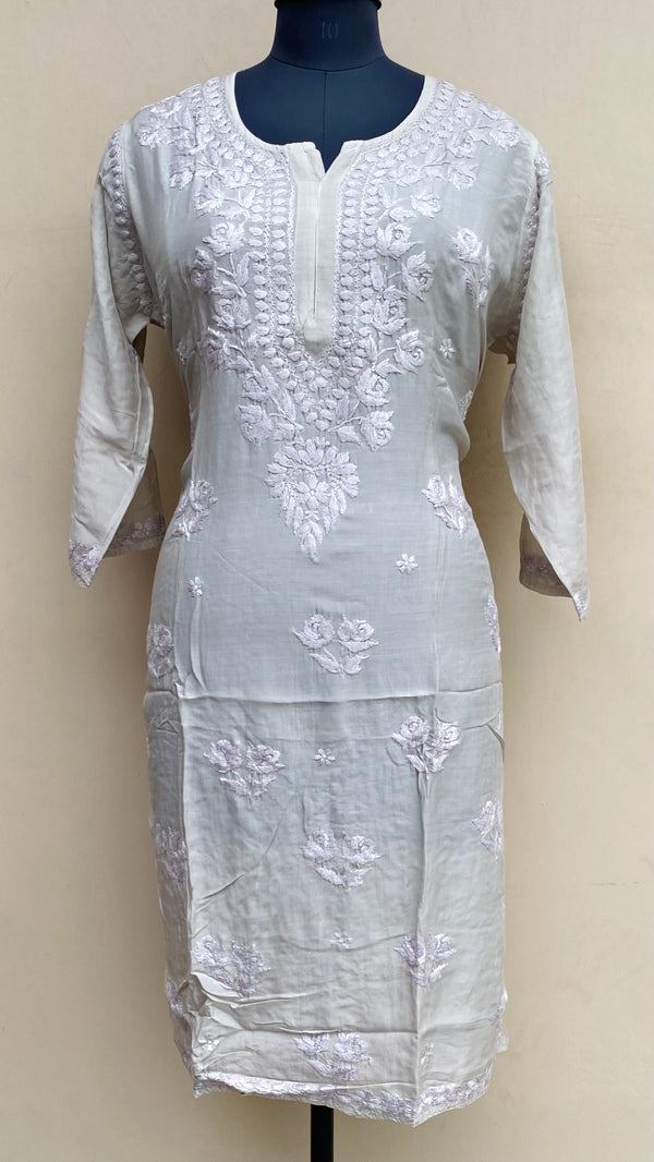 Lucknowi Chikankari Kurti Gray Muslin Cotton With Self 3D Work