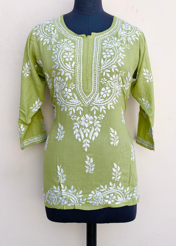 Lucknowi Chikankari Short Kurti Green Modal Cotton