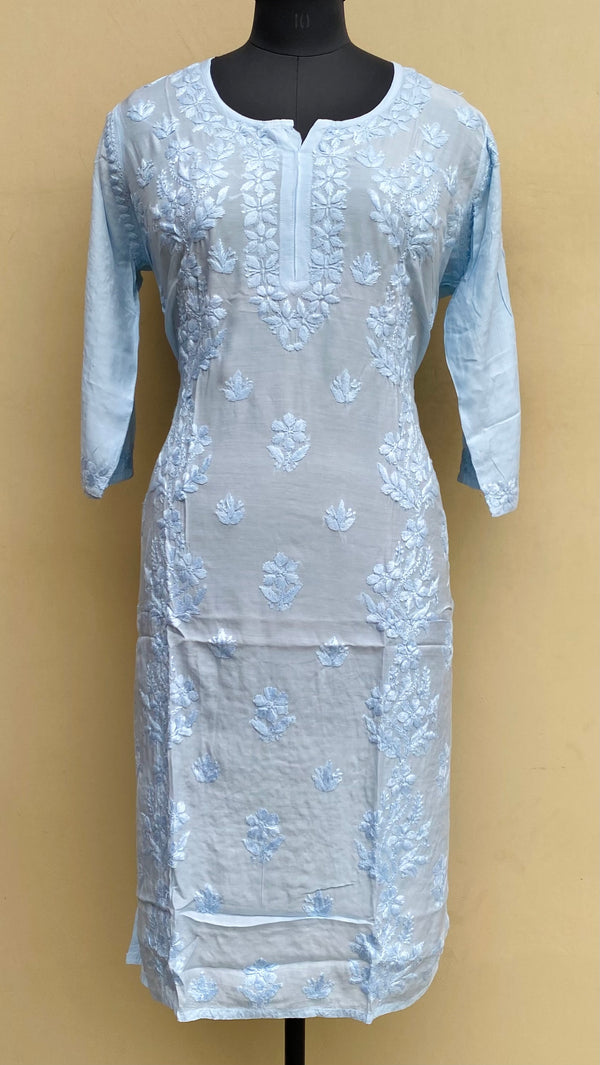 Lucknowi Chikankari Kurti Powder Blue Muslin Cotton With Self 3D Work