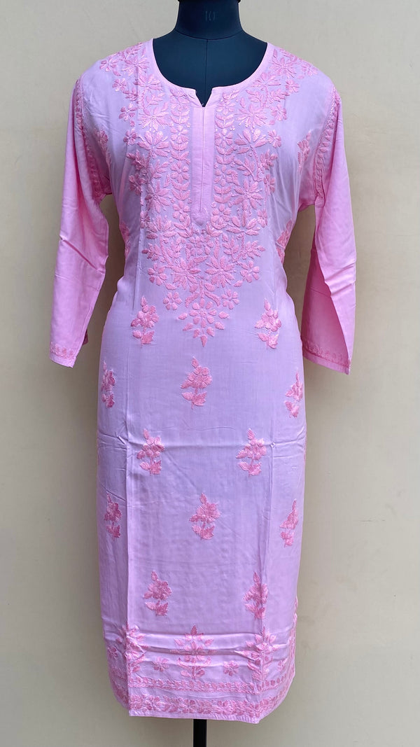 Lucknowi Chikankari Kurti Pink Muslin Cotton With Self 3D Work