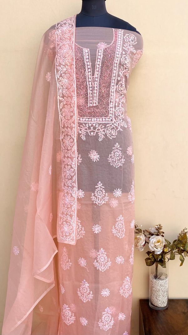 Lucknowi Chikankari Suit Length 2 Piece Peach Organza With Pearl & Sequence Work