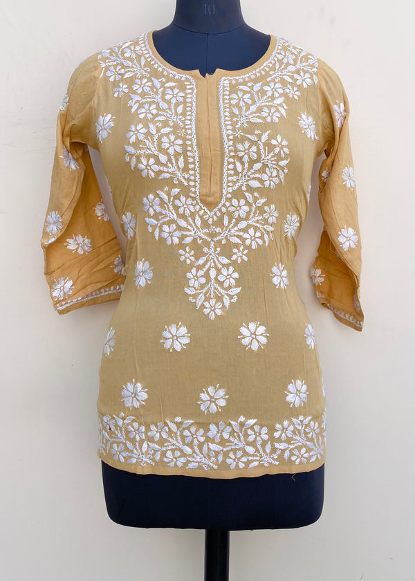 Lucknowi Chikankari Short Kurti Beige Modal Cotton