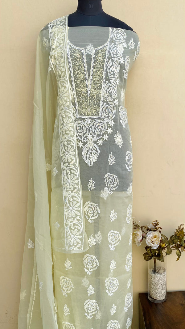 Lucknowi Chikankari Suit Length 2 Piece Yellow Organza With Pearl & Sequence Work