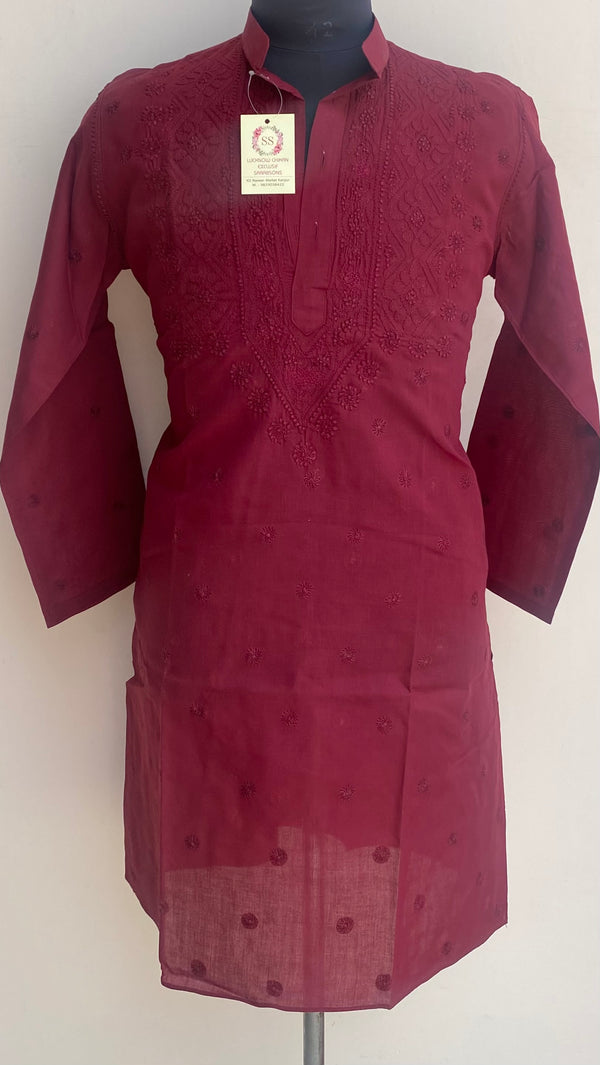 Lucknowi Chikankari Men’s Kurta Maroon Cotton With Jaali Work