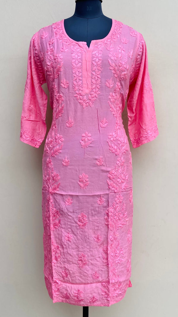 Lucknowi Chikankari Kurti Pink Muslin Cotton With Self 3D Work